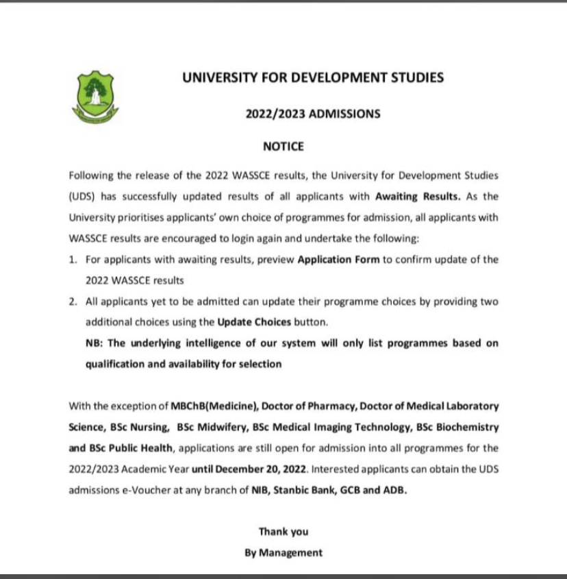 Update On UDS Admission For Wassce 2022 Candidates
