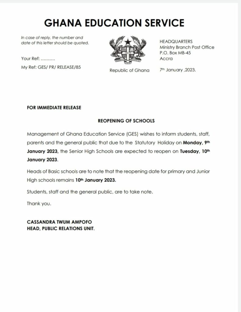 Update On GES New Reopening Date For all Schools in Ghana - 7th January 2023