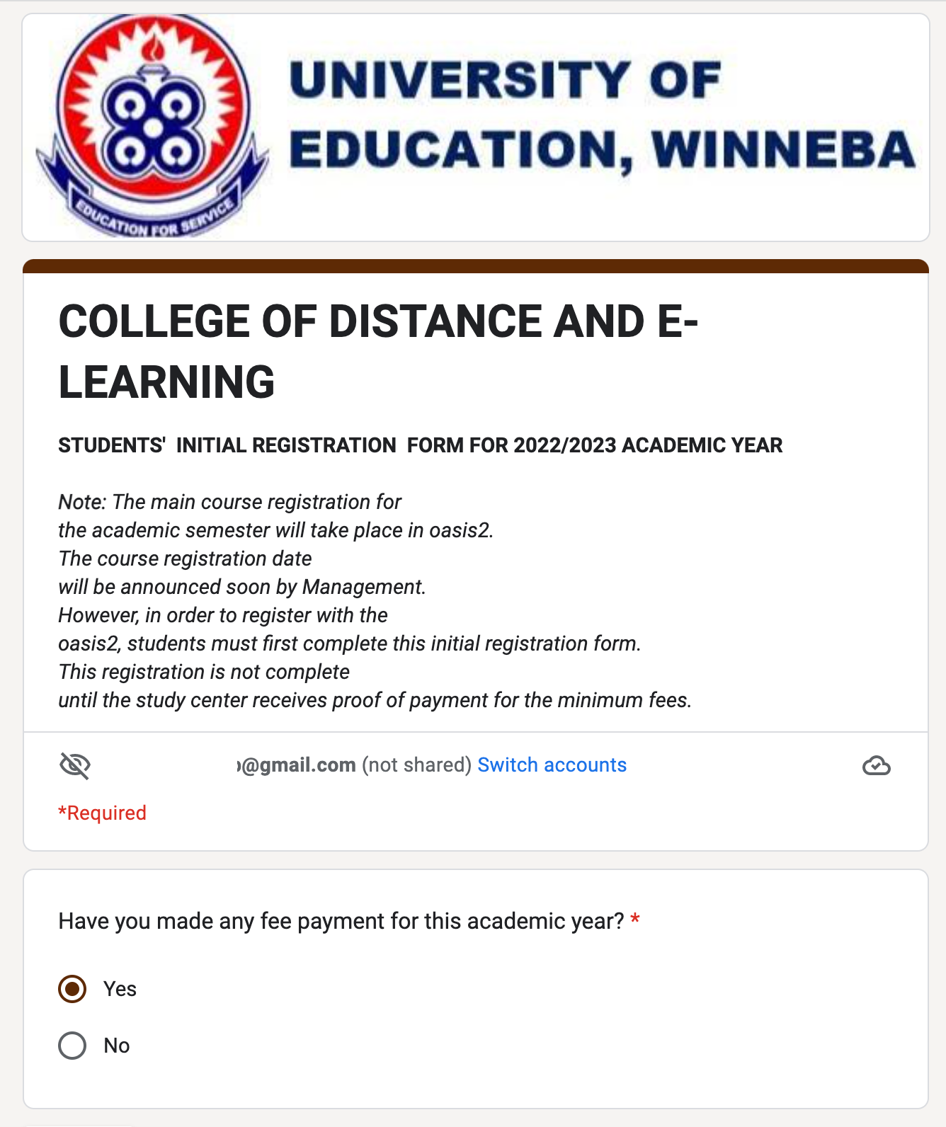 UEW CODeL Students' Registration Form For 2022:2023