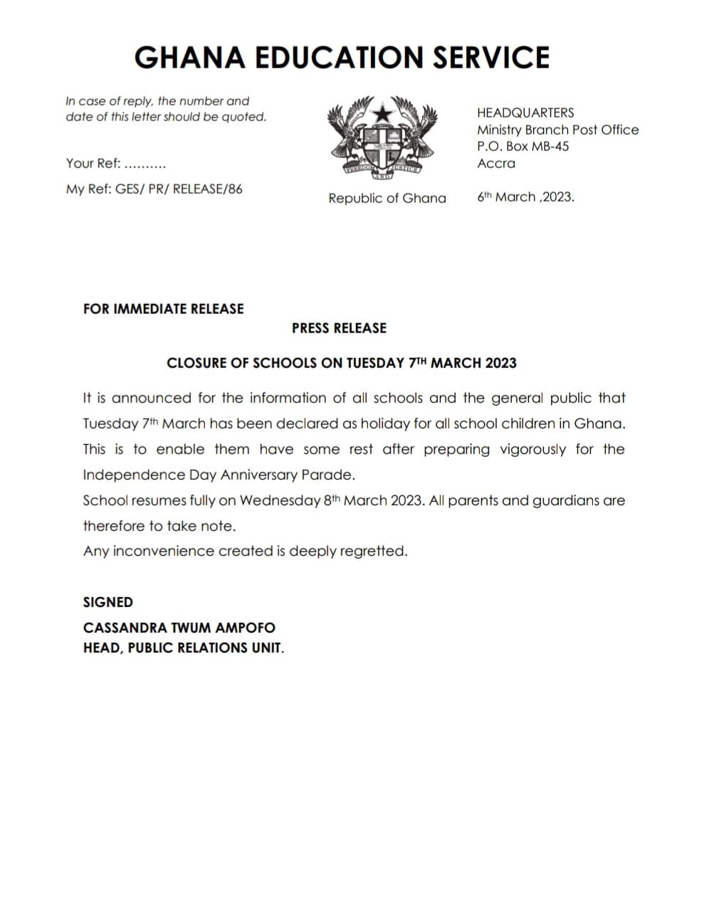 GES: Update on Closure of Schools On Tuesday 7th March, 2023