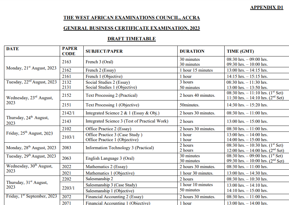 WAEC GBCE Timetable for August 2023